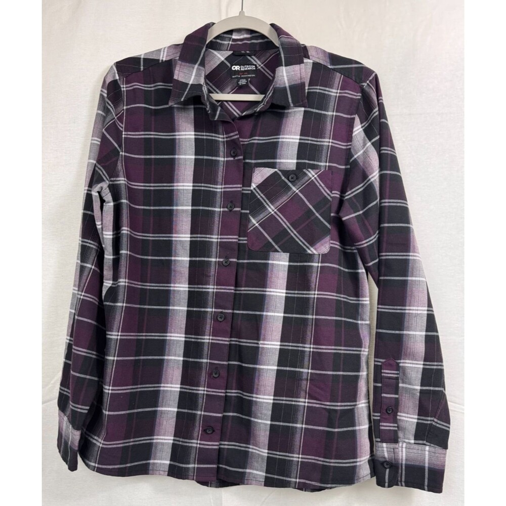 Outdoor Research Ravenna Flannel Shirt, Women's Medium, Purple Plaid Long Sleeve
